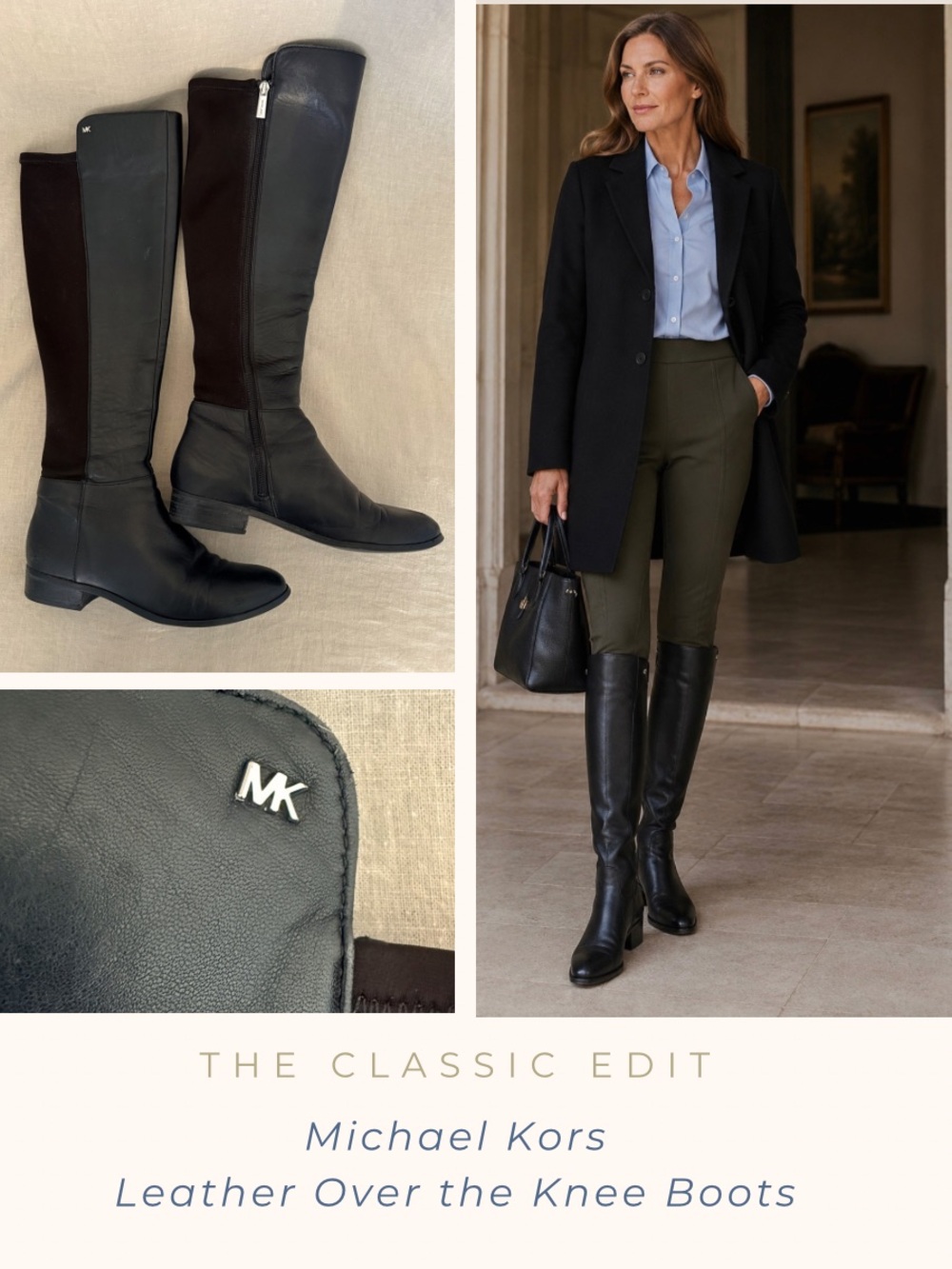 Michael Kors Over-the-Knee Leather Stretch Boots Sz 7.5 Fits 8 Black Low Heel